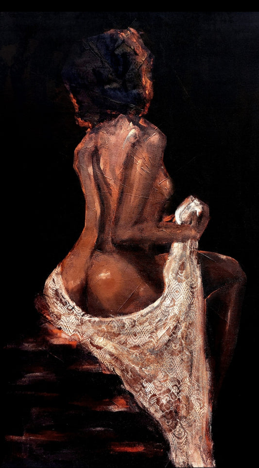 Textured & Signed Giclée Print :: Sitting nude with lace